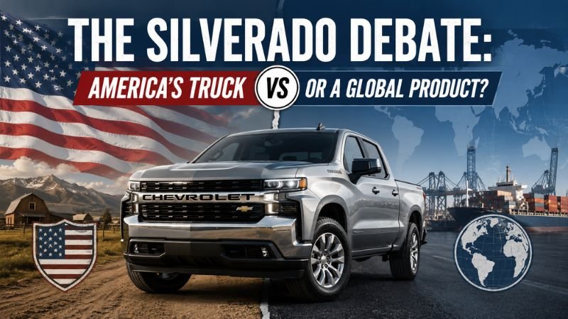 A dramatic split-screen graphic featuring a silver Chevrolet Silverado truck between an American flag countryside scene and a global shipping port, symbolizing the debate over whether the Silverado is truly American-made or globally produced.