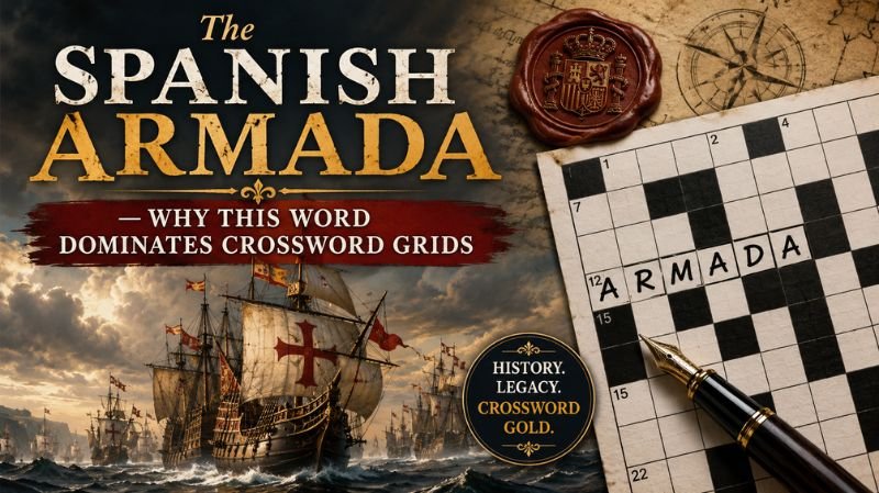 Illustration of the Spanish Armada fleet sailing across stormy seas beside a crossword puzzle grid featuring the word “Armada,” symbolizing its lasting popularity in crossword clues and historical references.
