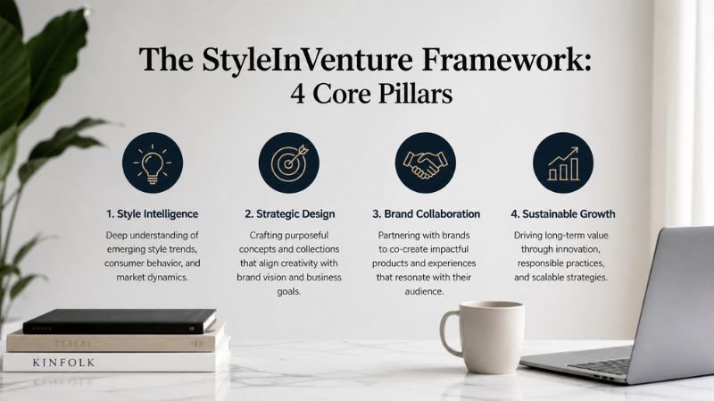 Ultra-realistic workspace scene displaying the StyleInVenture framework with four core pillars—style intelligence, strategic design, brand collaboration, and sustainable growth.