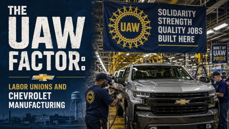 Workers assemble a Chevrolet pickup truck inside an automotive factory with prominent UAW union banners highlighting labor solidarity and manufacturing strength.