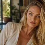 Candice Swanepoel relaxing on a cream-colored sofa in a warmly lit modern interior, wearing a soft ivory outfit with natural makeup and loose blonde hair.