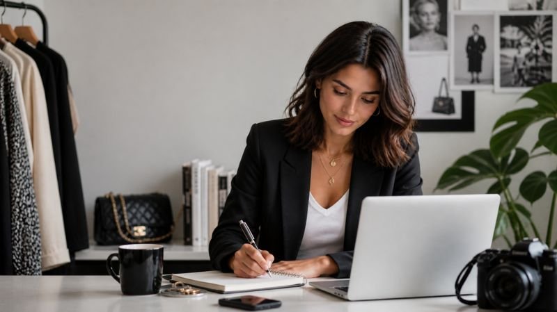 A stylish woman working at a modern desk with a laptop, notebook, and camera in a clean, minimalist workspace filled with fashion elements.