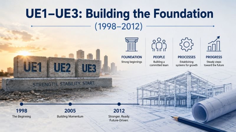Timeline-style digital artwork titled “UE1–UE3: Building the Foundation (1998–2012)” featuring concrete blocks labeled UE1, UE2, and UE3, with blueprint sketches, city skyline imagery, and icons representing foundation, people, processes, and progress.