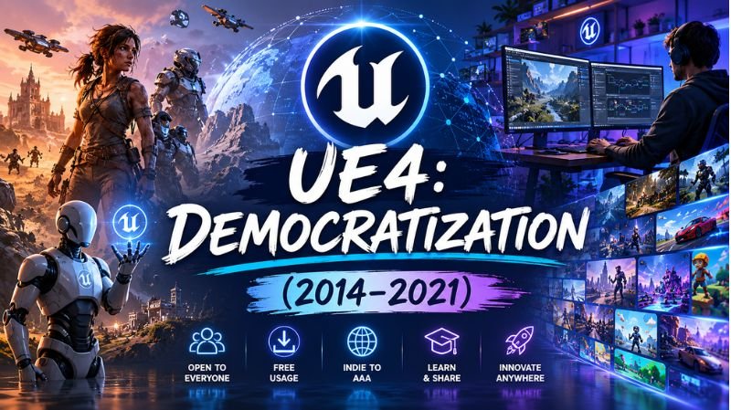 A futuristic infographic-style image representing Unreal Engine 4’s democratization era (2014–2021), featuring developers working on game creation, a glowing world map, UE4 branding, and iconic game-inspired visuals.