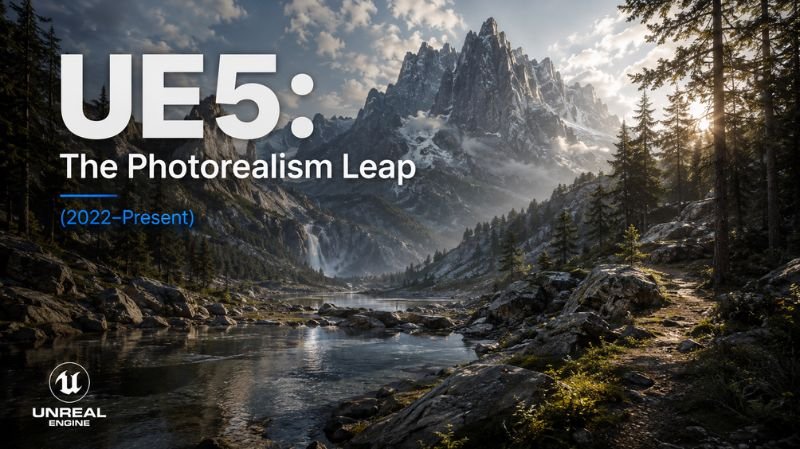 Cinematic Unreal Engine 5 inspired landscape featuring photorealistic mountains, forests, and reflective water with dramatic lighting and the title “UE5: The Photorealism Leap (2022–Present)”.