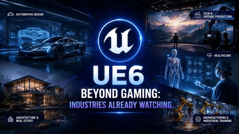 Futuristic UE6-themed banner showing industries like automotive design, filmmaking, healthcare, architecture, and manufacturing using advanced real-time technology beyond gaming.