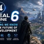 A cinematic futuristic fantasy landscape representing Unreal Engine 6, featuring a lone character overlooking a massive high-tech city with flying vehicles, towering castles, mountains, and a glowing planetary sky, alongside bold Unreal Engine 6 branding.