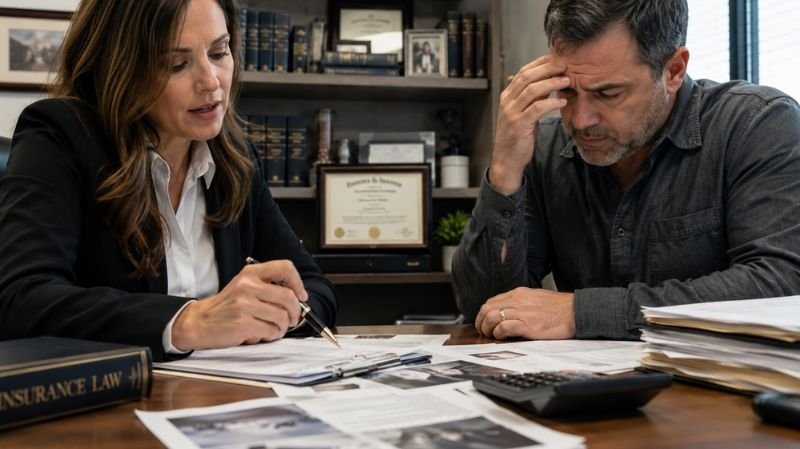 A stressed vehicle owner sits across from a lawyer in a professional office while reviewing insurance claim documents related to a vehicle total loss underpayment case. Papers, legal files, and a calculator are spread across the desk, creating a serious legal consultation atmosphere.