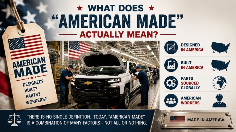 Illustration explaining the meaning of “American Made” with a Chevrolet truck assembly line, U.S. flags, factory workers, and manufacturing icons.