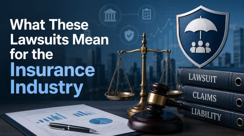 Legal and insurance-themed illustration featuring a courtroom gavel, justice scale, lawsuit files, and a protective insurance shield against a modern city skyline background.