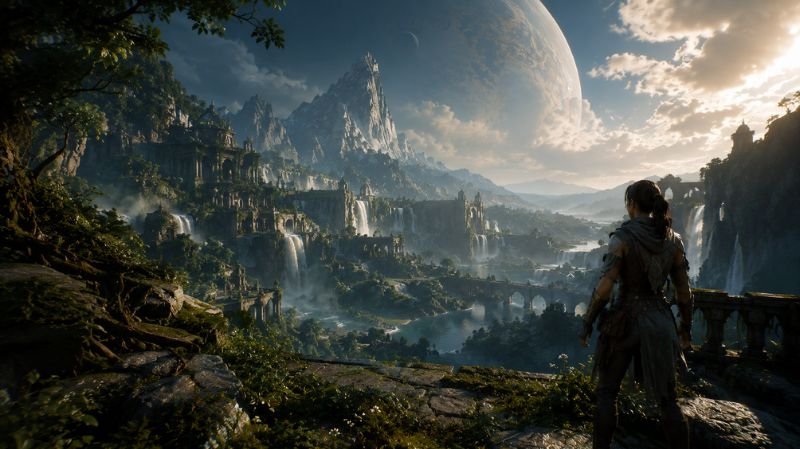 A lone explorer overlooks a vast fantasy sci-fi world filled with waterfalls, ancient ruins, towering mountains, and a massive planet in the sky during a dramatic sunset.
