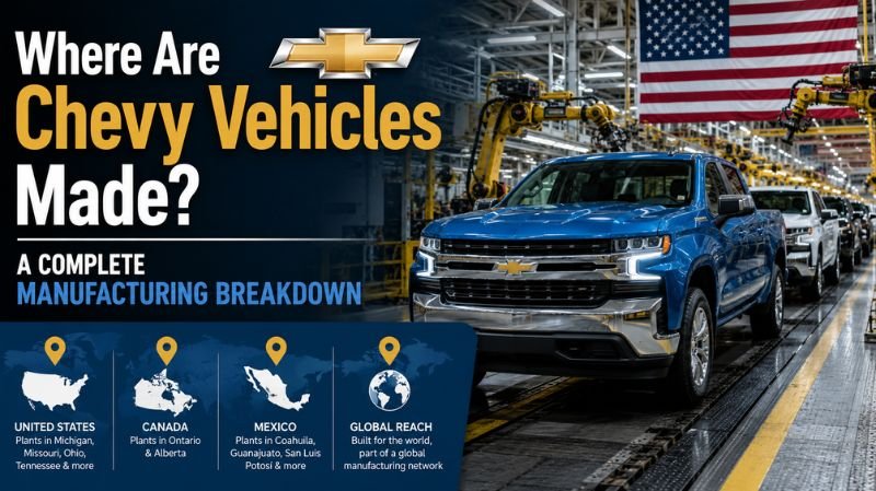 Blue Chevrolet Silverado trucks moving through a modern automotive assembly plant with robotic arms and a large American flag, representing Chevy’s global manufacturing network.