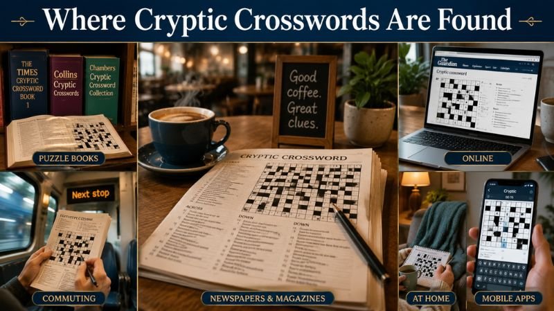 A collage-style illustration showing different places where people enjoy cryptic crosswords, including newspapers in cafés, puzzle books, mobile apps, online crossword websites, and commuters solving puzzles on public transport.
