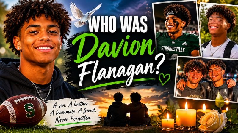 Memorial-style collage featuring Davion Flanagan smiling in football and casual portraits, surrounded by candles, a football, and tribute imagery under the title “Who Was Davion Flanagan?”