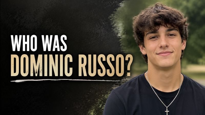 Portrait-style graphic asking “Who Was Dominic Russo?” featuring a smiling teenage boy against a dark editorial background.