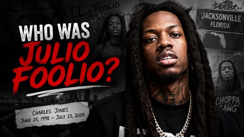 Stylized portrait of rapper Julio Foolio with a dark Jacksonville-themed background and bold red typography asking “Who Was Julio Foolio?”
