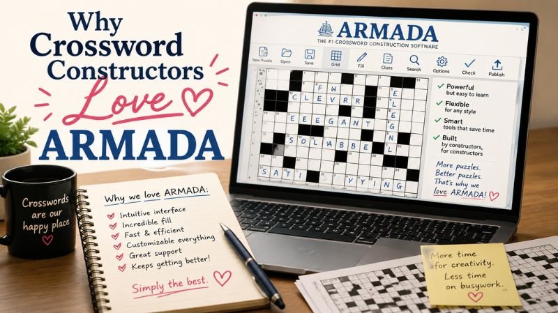 A creative workspace featuring a laptop displaying the ARMADA crossword construction software, surrounded by crossword grids, notes, and stationery, with bold text reading “Why Crossword Constructors Love ARMADA.”