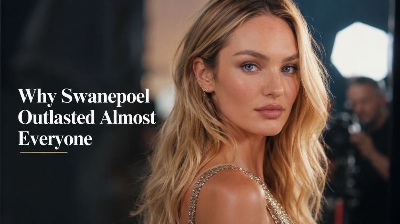 Ultra-realistic portrait of Candice Swanepoel in a glamorous gold outfit with the title “Why Swanepoel Outlasted Almost Everyone” beside her.
