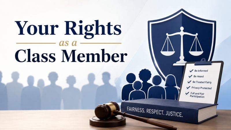 Illustration of legal rights for class action participants featuring a justice shield, scales, diverse group silhouettes, a judge’s gavel, and a checklist of member rights in a professional blue-toned design.