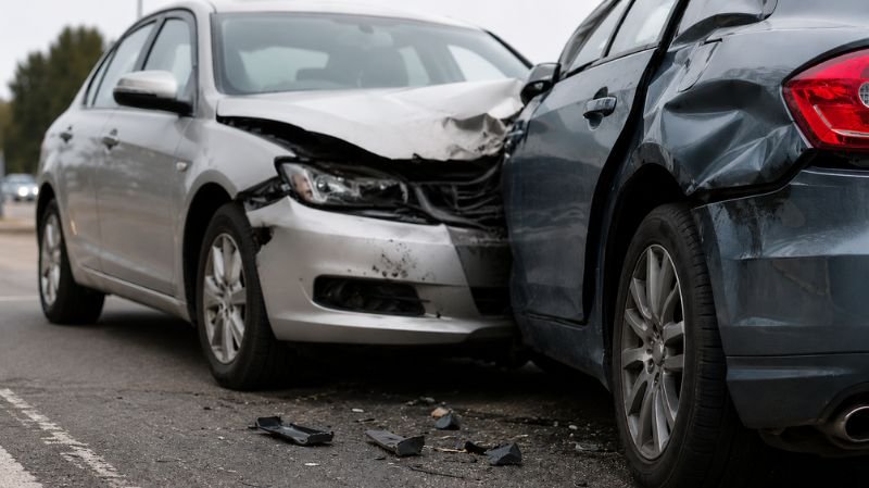 Two damaged vehicles involved in a roadside collision, showing severe front-end and side impact damage with debris scattered across the asphalt under an overcast sky.