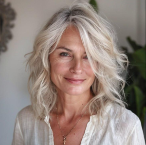 Woman over 60 with fine hair styled in a medium-length layered haircut adding volume and natural movement
