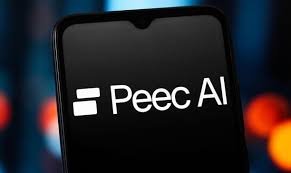 Logo of “Peec AI” with a simple black geometric icon to the left of the brand name in bold text on a dark background.