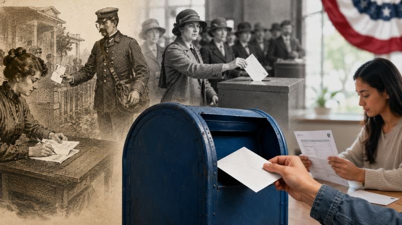 Illustration showing the history of postal voting, featuring historical mail delivery, early ballot submission methods, and a modern voter placing a mail-in ballot into a mailbox, symbolizing the evolution of voting by mail over time.