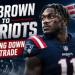 A.J. Brown wearing a New England Patriots uniform stands in front of a large Patriots logo as bold text reads "A.J. Brown to Patriots: Breaking Down the Trade" with football playbook graphics in the background.