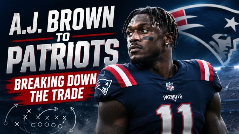 A.J. Brown wearing a New England Patriots uniform stands in front of a large Patriots logo as bold text reads "A.J. Brown to Patriots: Breaking Down the Trade" with football playbook graphics in the background.