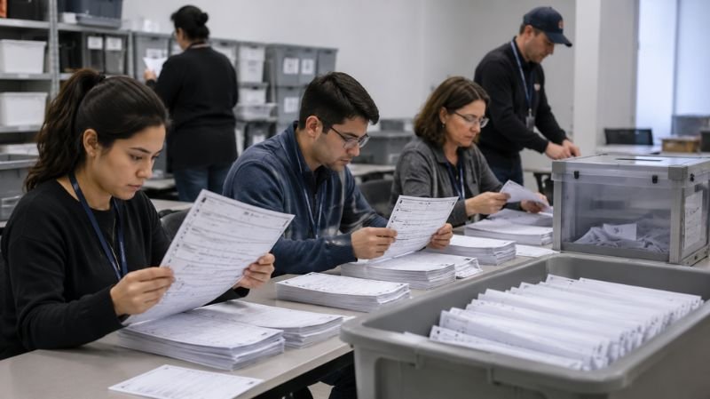 Election workers carefully verify and count mail-in ballots at a processing center, reviewing ballot papers and organizing them into stacks for official tabulation.