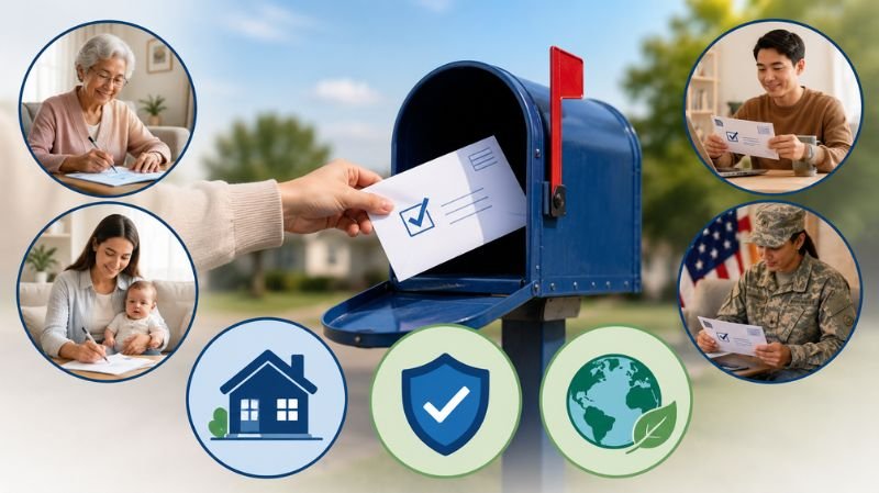 A voter places a completed mail-in ballot into a blue mailbox, surrounded by illustrations representing the convenience, accessibility, security, and inclusiveness of postal voting.