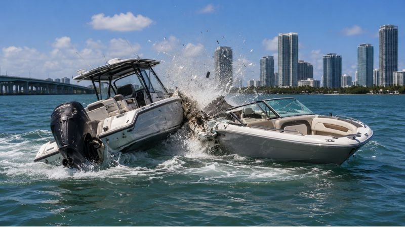 Two motorboats collide in Biscayne Bay, sending water and debris into the air with a city skyline visible in the background.