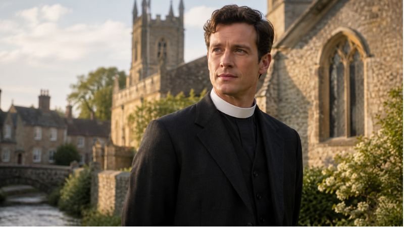 A young Anglican priest standing outside a historic stone church in a peaceful English village, symbolizing Reverend Will Davenport's arrival in Grantchester.