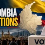 A voter casts a ballot into a voting box against a backdrop of the Colombian flag, a map of Colombia, and a crowd gathered in front of a city skyline, symbolizing the country's democratic election process.