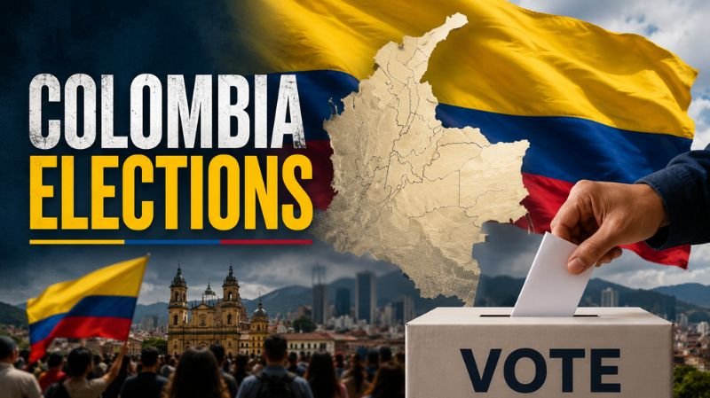 A voter casts a ballot into a voting box against a backdrop of the Colombian flag, a map of Colombia, and a crowd gathered in front of a city skyline, symbolizing the country's democratic election process.