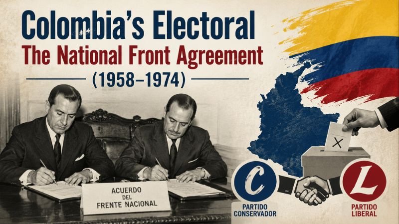 Historical illustration of Colombia’s National Front Agreement (1958–1974), showing political leaders signing the accord, a ballot box, a map of Colombia, and symbols representing the Conservative and Liberal parties.