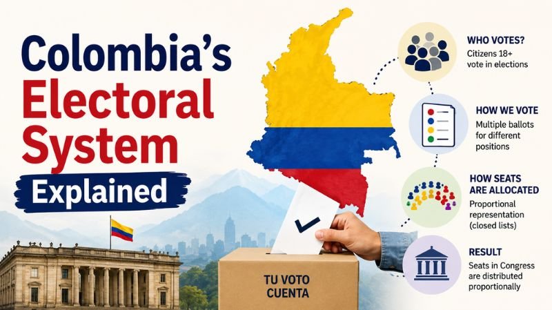 Illustration explaining Colombia’s electoral system, featuring a ballot box, a map of Colombia in national colors, voter icons, election process graphics, and government symbols.