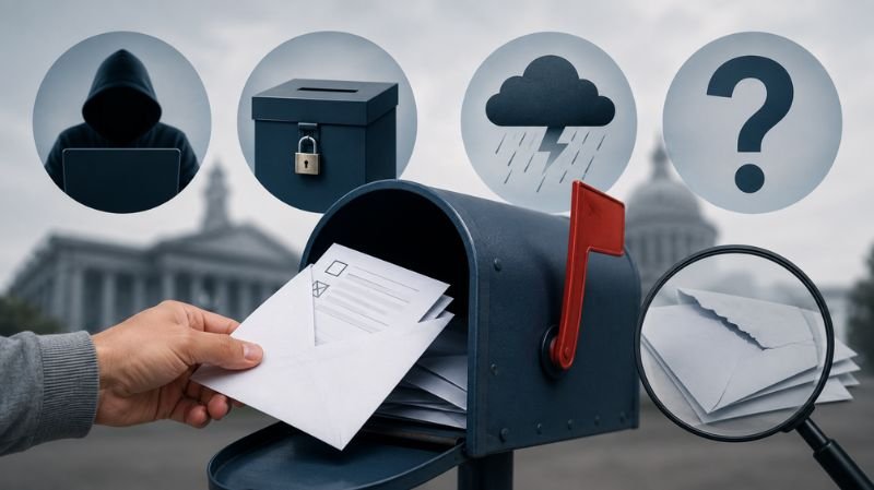 Hand placing a mail-in ballot into a mailbox with symbols representing security risks, weather disruptions, ballot tampering concerns, and uncertainty surrounding postal voting.