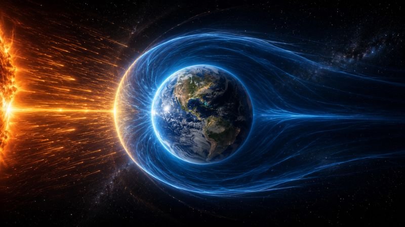 Earth surrounded by a glowing blue magnetic field in space as powerful solar winds from the Sun are deflected away, illustrating the planet's protective magnetosphere.
