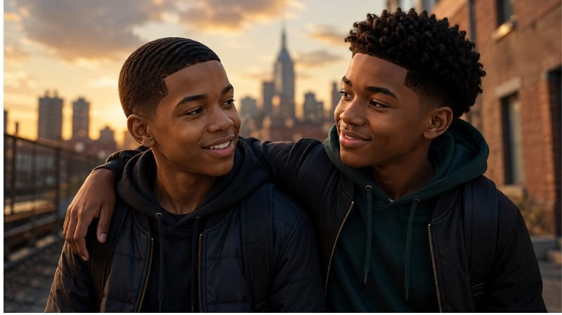 Two young friends standing together on a city rooftop at sunset, smiling warmly and sharing a close bond against an urban skyline backdrop.