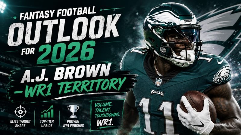 A.J. Brown in a Philadelphia Eagles uniform holding a football, featured in a bold fantasy football graphic highlighting his 2026 outlook as a WR1 candidate, with stadium lights and team-themed background effects.