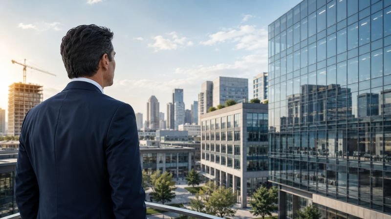 Business professional overlooking a modern commercial real estate district with glass office buildings and an urban skyline in the background.