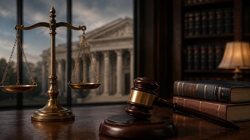 Scales of justice and a judge’s gavel resting on a wooden desk in a law office, with legal books and a courthouse blurred in the background.