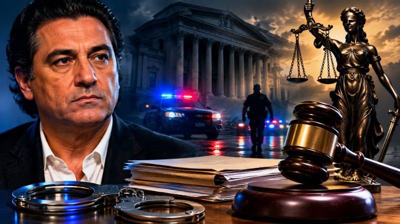 Dramatic legal-themed illustration showing a concerned man in the foreground, handcuffed hands in the background, a courthouse, a judge's gavel, legal documents, and the Lady Justice statue representing criminal charges and court proceedings.