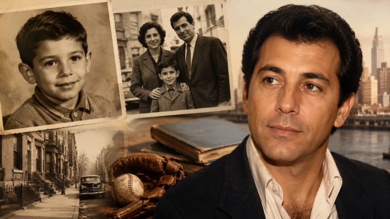 Vintage-style collage representing George Pino’s early life, featuring childhood portraits, a family photograph, nostalgic urban scenes, and personal memorabilia arranged around an adult portrait in warm sepia tones.