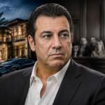 Portrait-style Pino illustration depicting a businessman in the foreground, with a luxury waterfront mansion and sports car on one side and a courtroom scene with a judge’s gavel on the other, symbolizing the contrast between wealth, real estate success, and legal challenges.