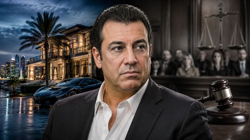 Portrait-style Pino illustration depicting a businessman in the foreground, with a luxury waterfront mansion and sports car on one side and a courtroom scene with a judge’s gavel on the other, symbolizing the contrast between wealth, real estate success, and legal challenges.