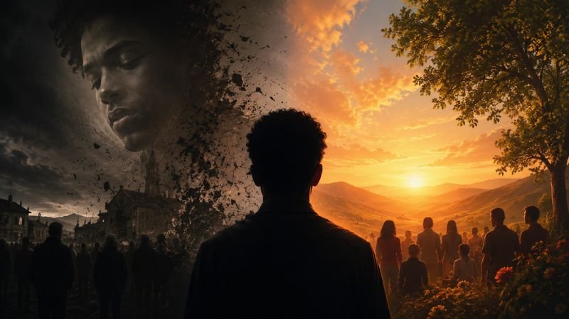 A dramatic split-scene illustration showing a lone figure standing between a dark, sorrowful landscape symbolizing loss and a bright, hopeful horizon representing renewal and the lasting impact of a person's death on those left behind.