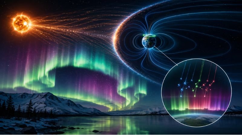 Scientific illustration showing how the Northern Lights are formed, with solar wind particles traveling from the Sun toward Earth, interacting with Earth's magnetic field and atmosphere to create vibrant green and purple auroras above a snowy mountain landscape and reflective lake.