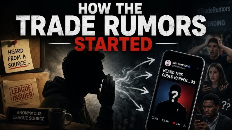 Illustration showing how trade rumors begin, featuring an anonymous insider sharing information, social media posts spreading speculation, and fans reacting as rumors gain momentum online.